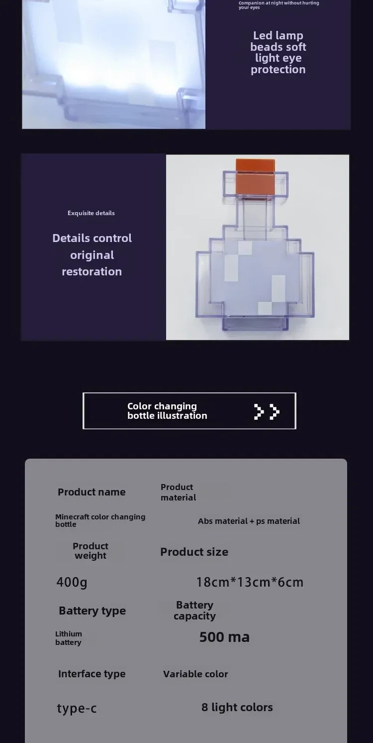 MC Color Changing Potion Bottle Night Light - Set of 8 Models, USB Powered Mood Light & Decor Ambient Glow Lamp Pixel Game