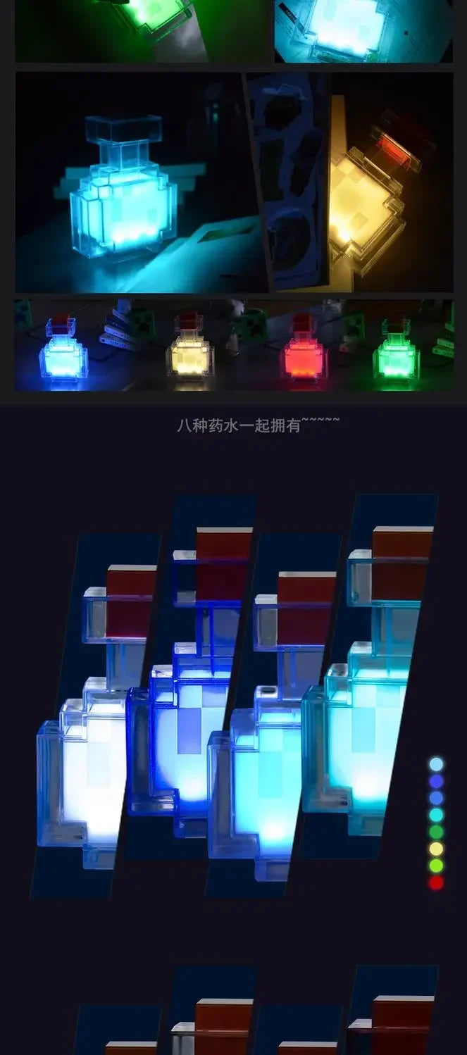 MC Color Changing Potion Bottle Night Light - Set of 8 Models, USB Powered Mood Light & Decor Ambient Glow Lamp Pixel Game